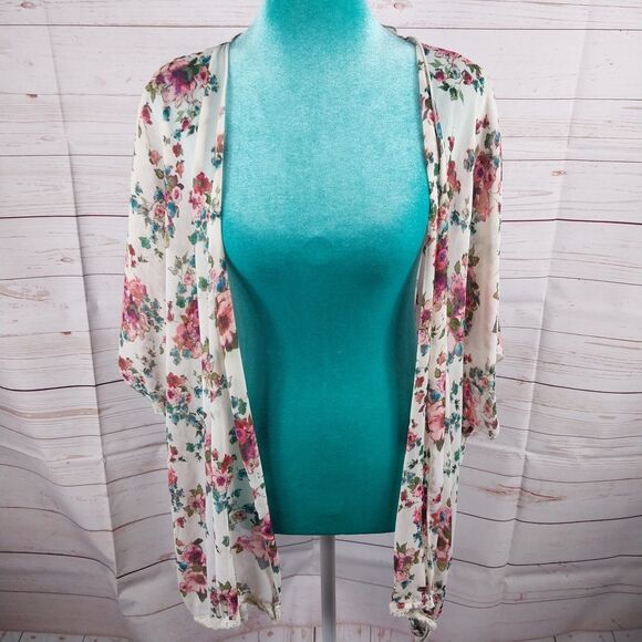 Mason + MacKenzie Pink Floral Open Cardigan Womens Size Medium Dolman Sleeves - Picture 1 of 11